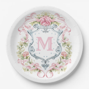 Grandmillennial Floral Crest Monogram   Bruids Papieren Bordje