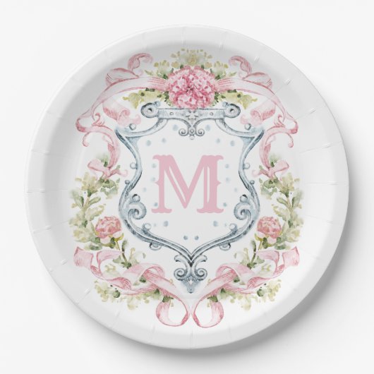 Grandmillennial Floral Crest Monogram | Bruids Papieren Bordje (Voorkant)