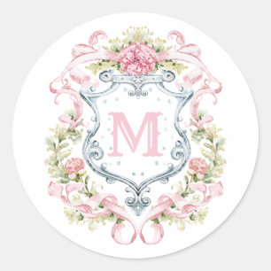 Grandmillennial Floral Crest Monogram   Bruids Ronde Sticker