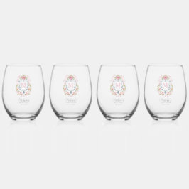 Grandmillennial Floral Crest Monogram | Bruids Wijnglas Zonder Voet