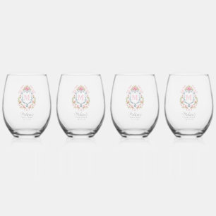 Grandmillennial Floral Crest Monogram   Bruids Wijnglas Zonder Voet