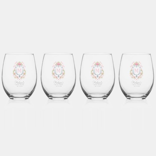 Grandmillennial Floral Crest Monogram | Bruids Wijnglas Zonder Voet (Voorkant)