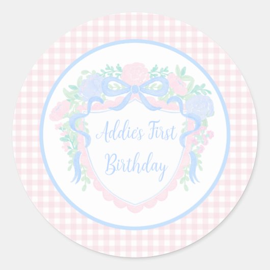 Grandmillennial Floral Gingham Preppy Verjaardag Ronde Sticker (Voorkant)
