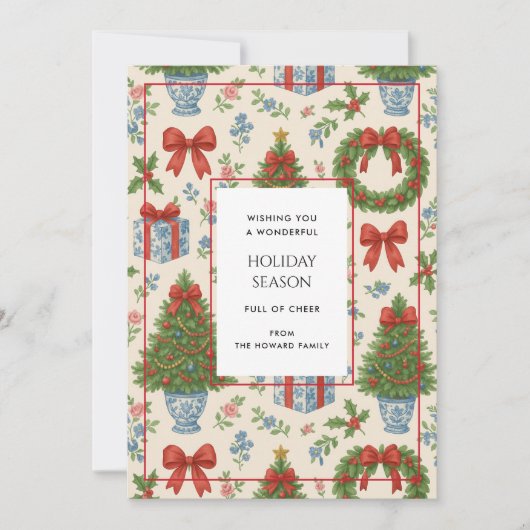 Grandmillennial Floral Pine Trees Bow Holiday Kaar (Voorkant)