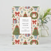 Grandmillennial Floral Pine Trees Bow Holiday Kaar (Staand voorkant)