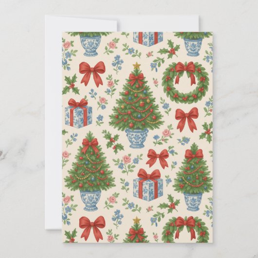 Grandmillennial Floral Pine Trees Bow Holiday Kaar (Achterkant)