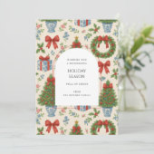 Grandmillennial Floral Pine Trees Bow Holiday Kaar (Staand voorkant)