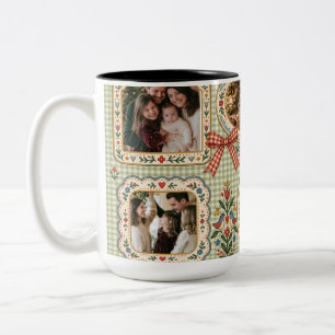 Grandmillennial Gingham Folk Art 4 Foto's Kerstmis Tweekleurige Koffiemok