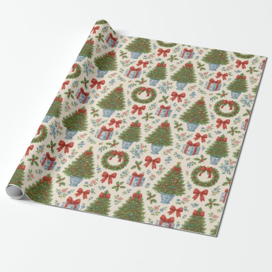 Grandmillennial Holiday Classic Waterverf Floral Cadeaupapier (Uitgerold)