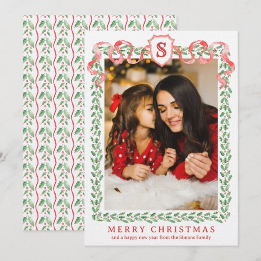 Grandmillennial Holly Christmas Monogram Kaart (Voorkant / Achterkant)