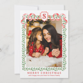 Grandmillennial Holly Christmas Monogram Kaart