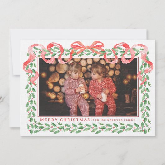 Grandmillennial Holly Christmas Ribbon Kaart (Voorkant)