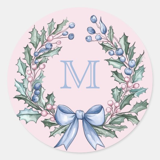 Grandmillennial Holly Kerstmis Monogram Ronde Sticker (Voorkant)