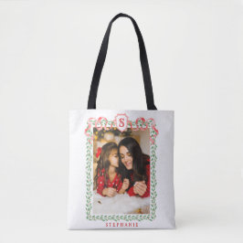 Grandmillennial Holly Kerstmis Monogram Tote Bag