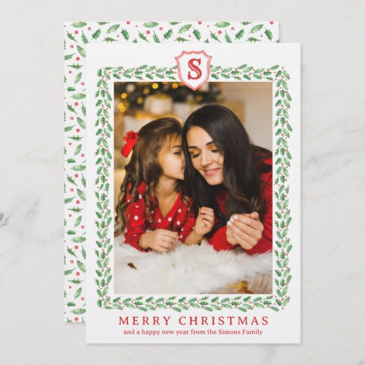 Grandmillennial Holly Monogram Kerst Kaart (Voorkant / Achterkant)