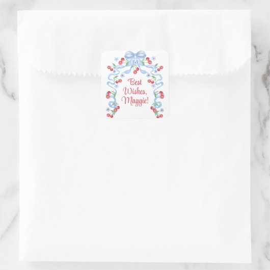 Grandmillennial Kersenlinten Watercolor Vierkante Sticker (Tas)
