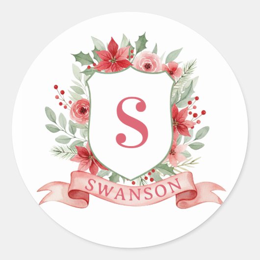 Grandmillennial Kerst Crest | Kerst Monogram Ronde Sticker (Voorkant)