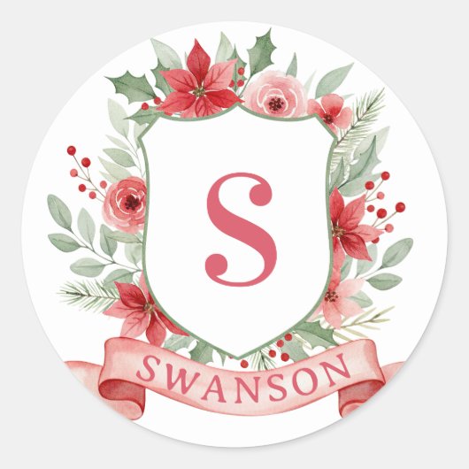 Grandmillennial Kerst Crest | Kerst Monogram Ronde Sticker (Voorkant)