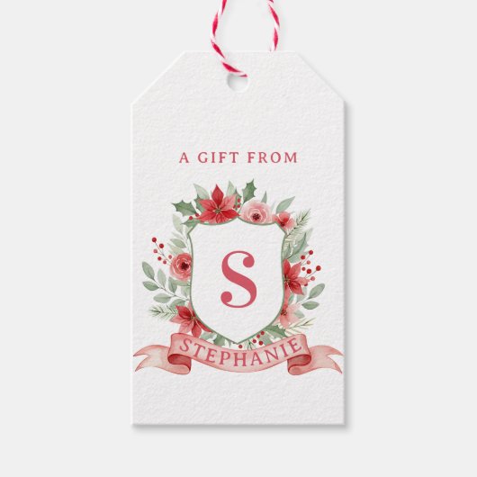 Grandmillennial Kerst Crest | Kerstmis Monogram Cadeaulabel (Voorkant)