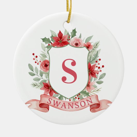 Grandmillennial Kerst Crest | Kerstmis Monogram Keramisch Ornament (Voorkant)