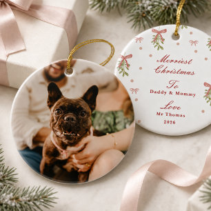 Grandmillennial Kerstboog Mistletoe Huisdierfoto Keramisch Ornament