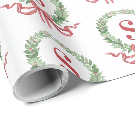 Grandmillennial Kerstkrans Monogram Cadeaupapier (Rol Hoek)