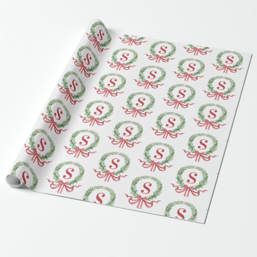 Grandmillennial Kerstkrans Monogram Cadeaupapier (Uitgerold)