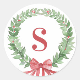 Grandmillennial Kerstkrans Monogram Foto Ronde Sticker