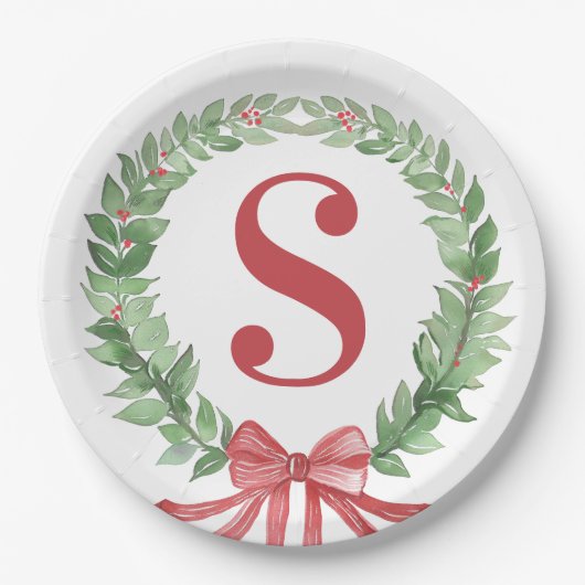 Grandmillennial Kerstkrans Monogram Papieren Bordje (Voorkant)