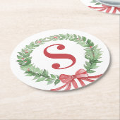 Grandmillennial Kerstkrans Monogram Ronde Kartonnen Onderzetter (Gebogen)