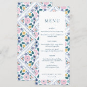 Grandmillennial Navy & Roze Bloemmotief Bruiloft Menu (Voorkant / Achterkant)