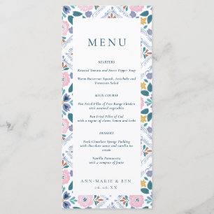 Grandmillennial Navy & Roze Bloemmotief Bruiloft Menu