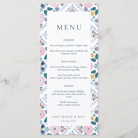 Grandmillennial Navy & Roze Bloemmotief Bruiloft Menu (Voorkant)
