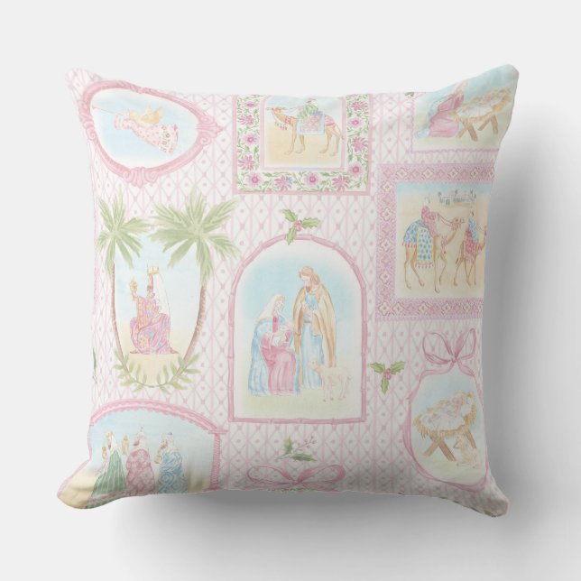 Grandmillennial Pastel Kerststal Monogram Kussen (Voorkant)