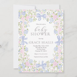 Grandmillennial Pink and Blue baby shower invite Kaart