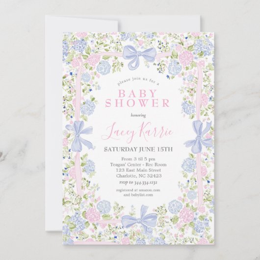 Grandmillennial Pink and Blue baby shower invite Kaart (Voorkant)