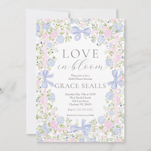 Grandmillennial Pink and Blue bridal shower invite Kaart (Voorkant)