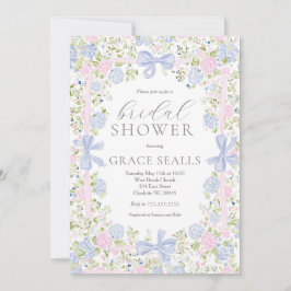 Grandmillennial Pink and Blue bridal shower invite Kaart