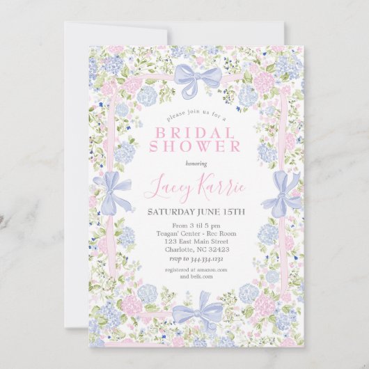 Grandmillennial Pink and Blue bridal shower invite Kaart (Voorkant)