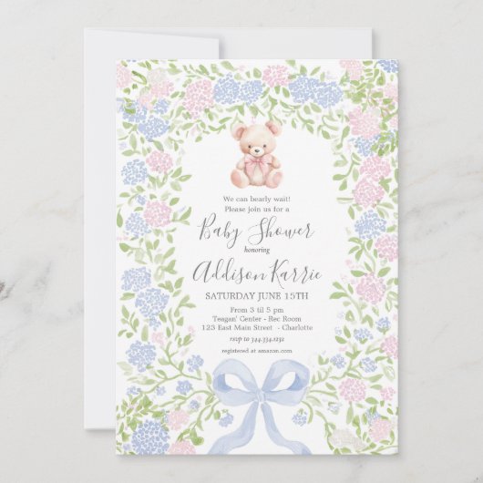 Grandmillennial pink Bear baby shower invite Kaart (Voorkant)