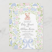Grandmillennial pink Bear baby shower invite Kaart (Voorkant / Achterkant)