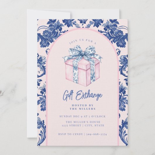 Grandmillennial Pink & Blue Damask Gift Kaart (Voorkant)