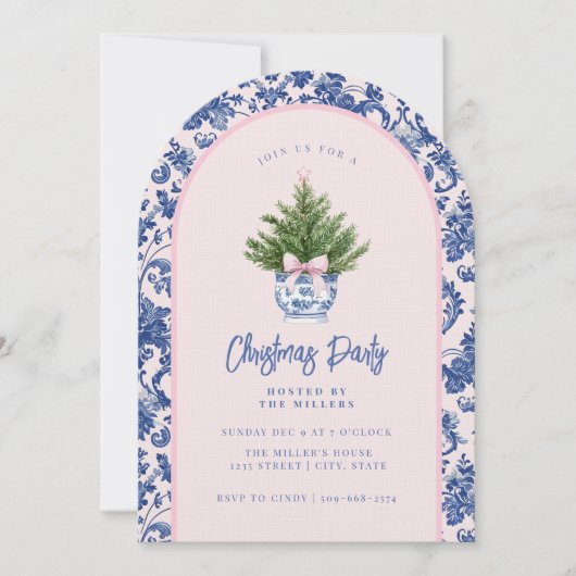 Grandmillennial Pink & Blue Damask Kerstboom Kaart (Voorkant)