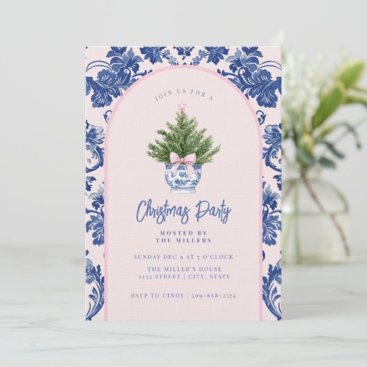 Grandmillennial Pink & Blue Damask Kerstboom Kaart (Staand voorkant)