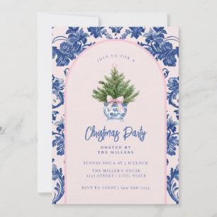 Grandmillennial Pink & Blue Damask Kerstboom Kaart