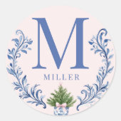Grandmillennial Pink & Blue Damask Monogram Ronde Sticker (Voorkant)