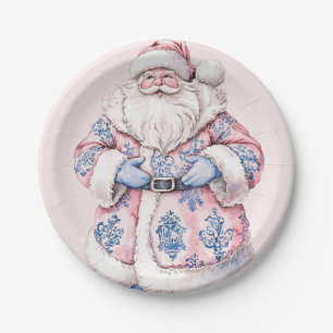 Grandmillennial Pink & Blue Damask Santa Claus Papieren Bordje