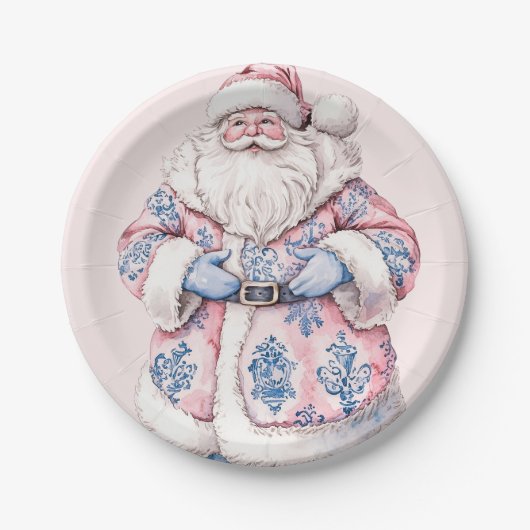 Grandmillennial Pink & Blue Damask Santa Claus Papieren Bordje (Voorkant)