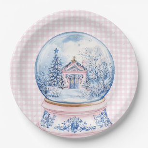 Grandmillennial Pink & Blue Damask Snow Wereldbol Papieren Bordje
