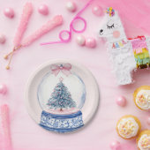 Grandmillennial Pink & Blue Damask Snow Wereldbol Papieren Bordje (Feest)